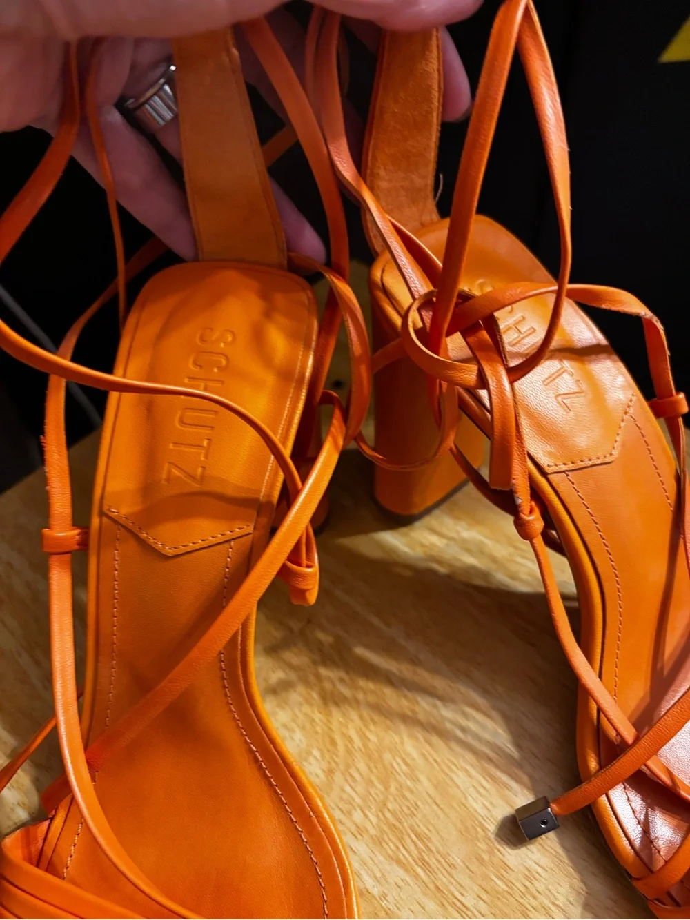 Schutz Glenna Ankle Tie Sandals in a vibrant bright tangerine 7.5